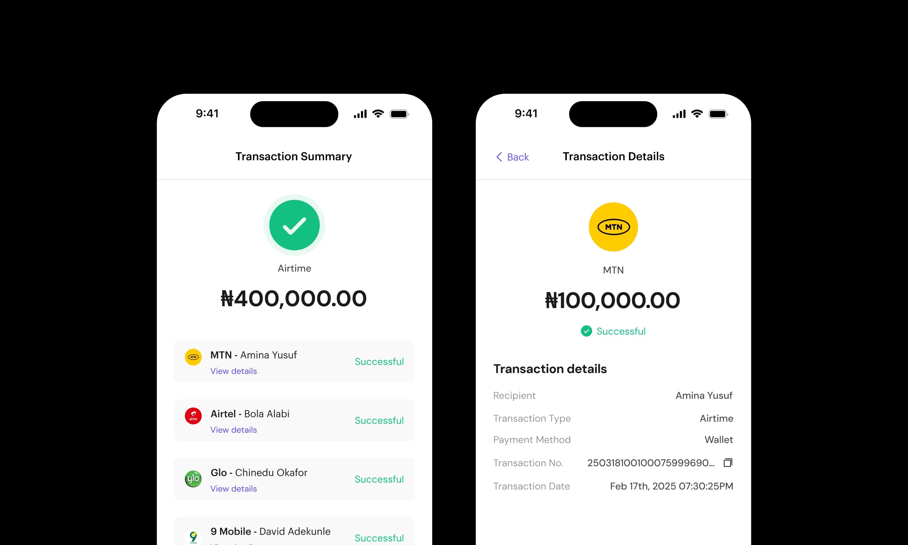 Transaction summary and details screen for completed airtime transfers.
