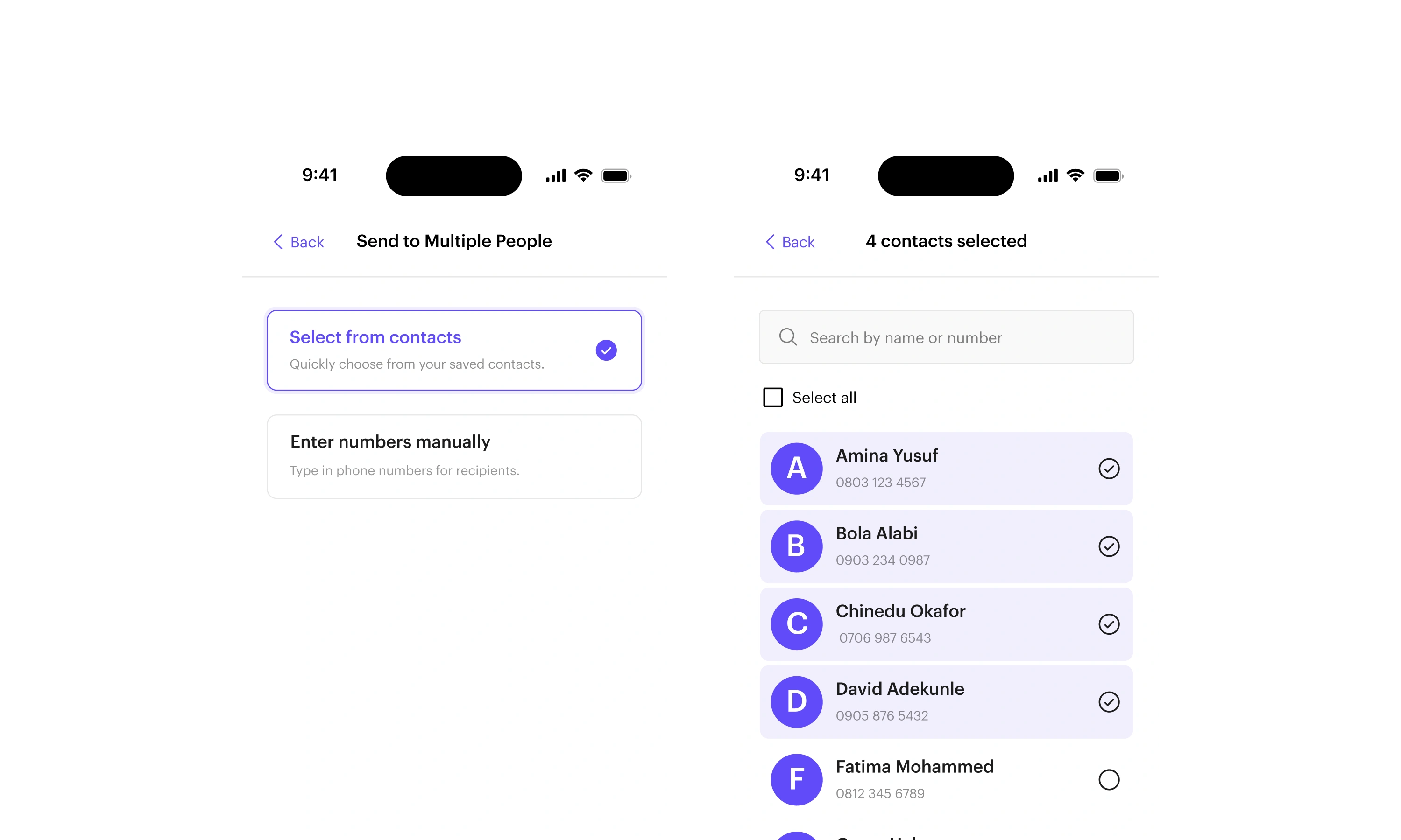 Multi-recipient transfer flow showing contact selection and a list of recipients with multiple contacts selected.