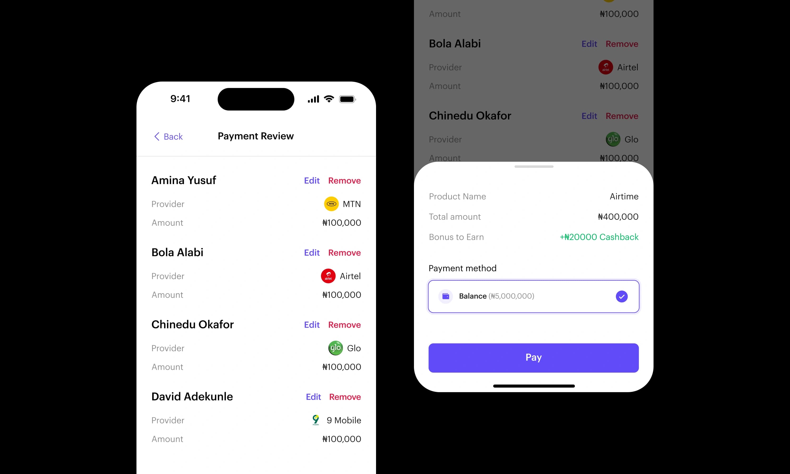 Payment review screen summarizing recipients, airtime amounts, and total cost.