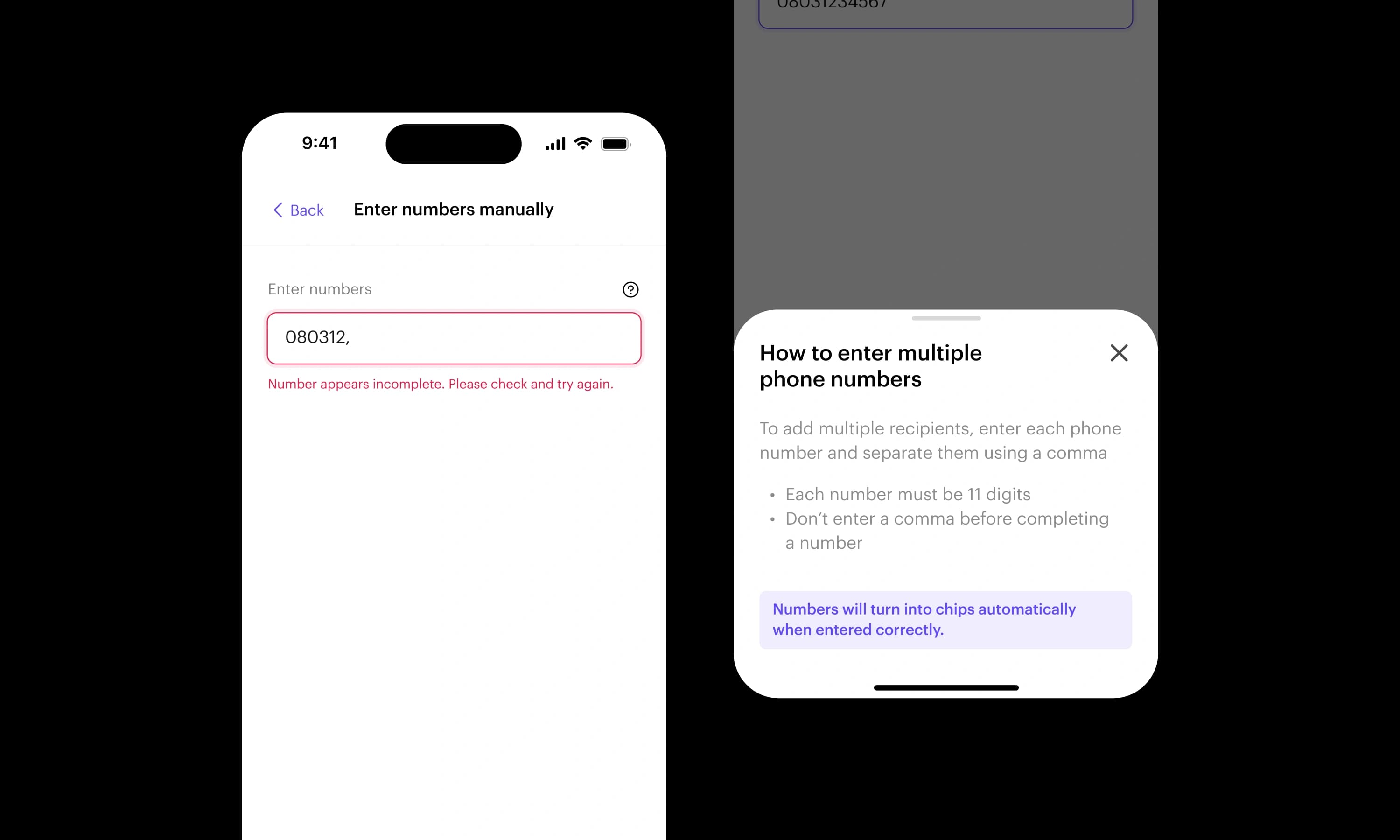 Validation states for incomplete or malformed phone number input.