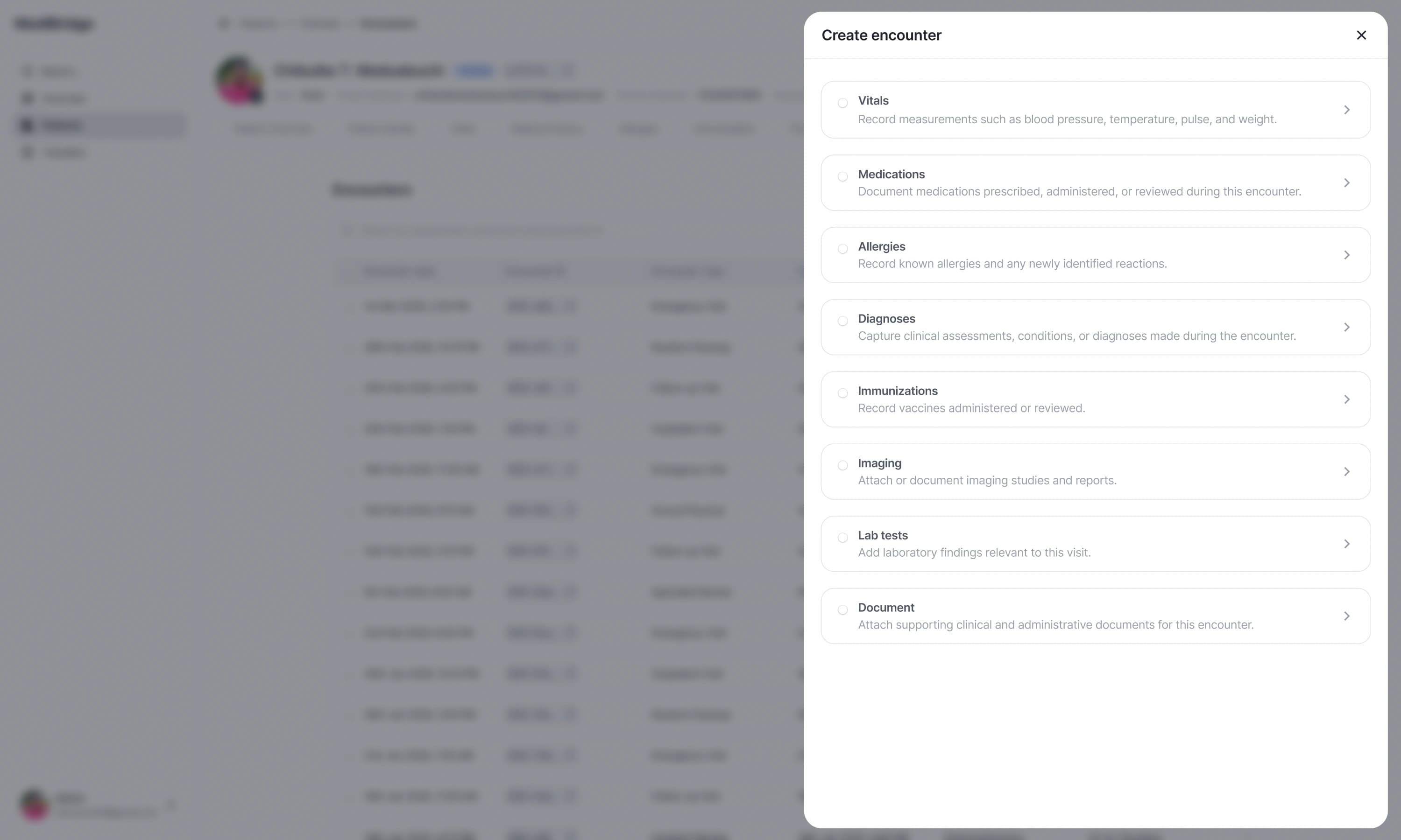 Create encounter panel listing record types to add, from vitals and medications to lab tests and documents