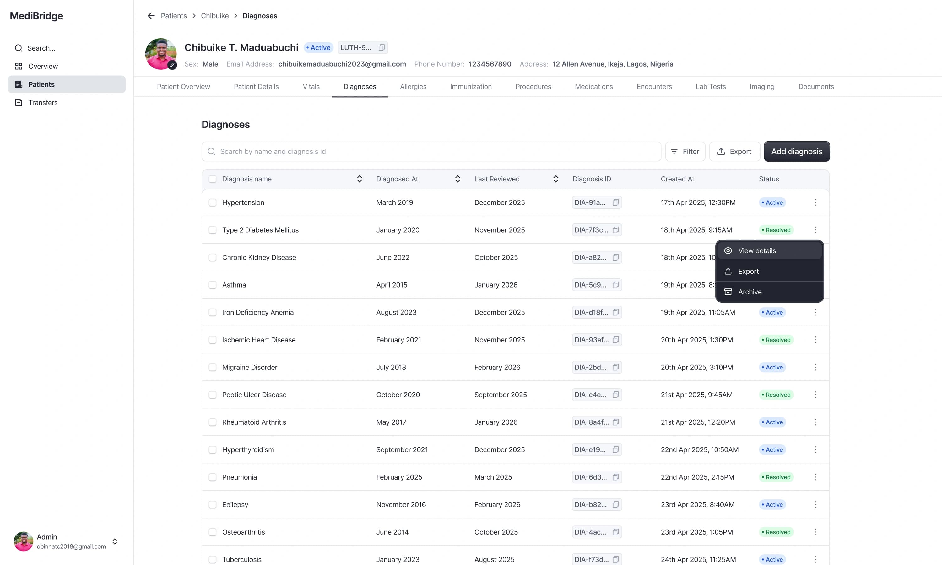 Diagnoses table with onset, last reviewed, and status columns, and a row menu open