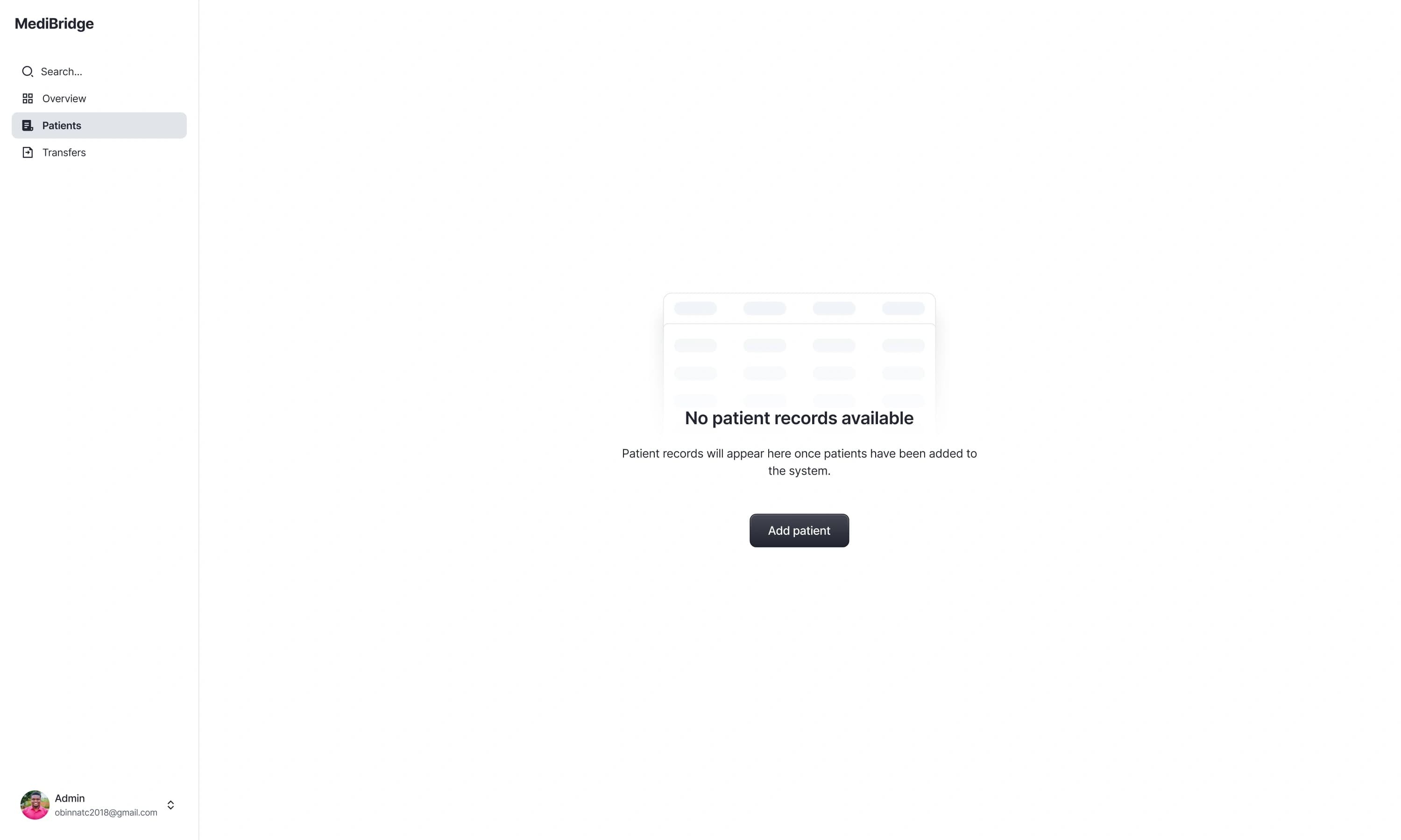 Patients page empty state with no patient records and an Add patient button