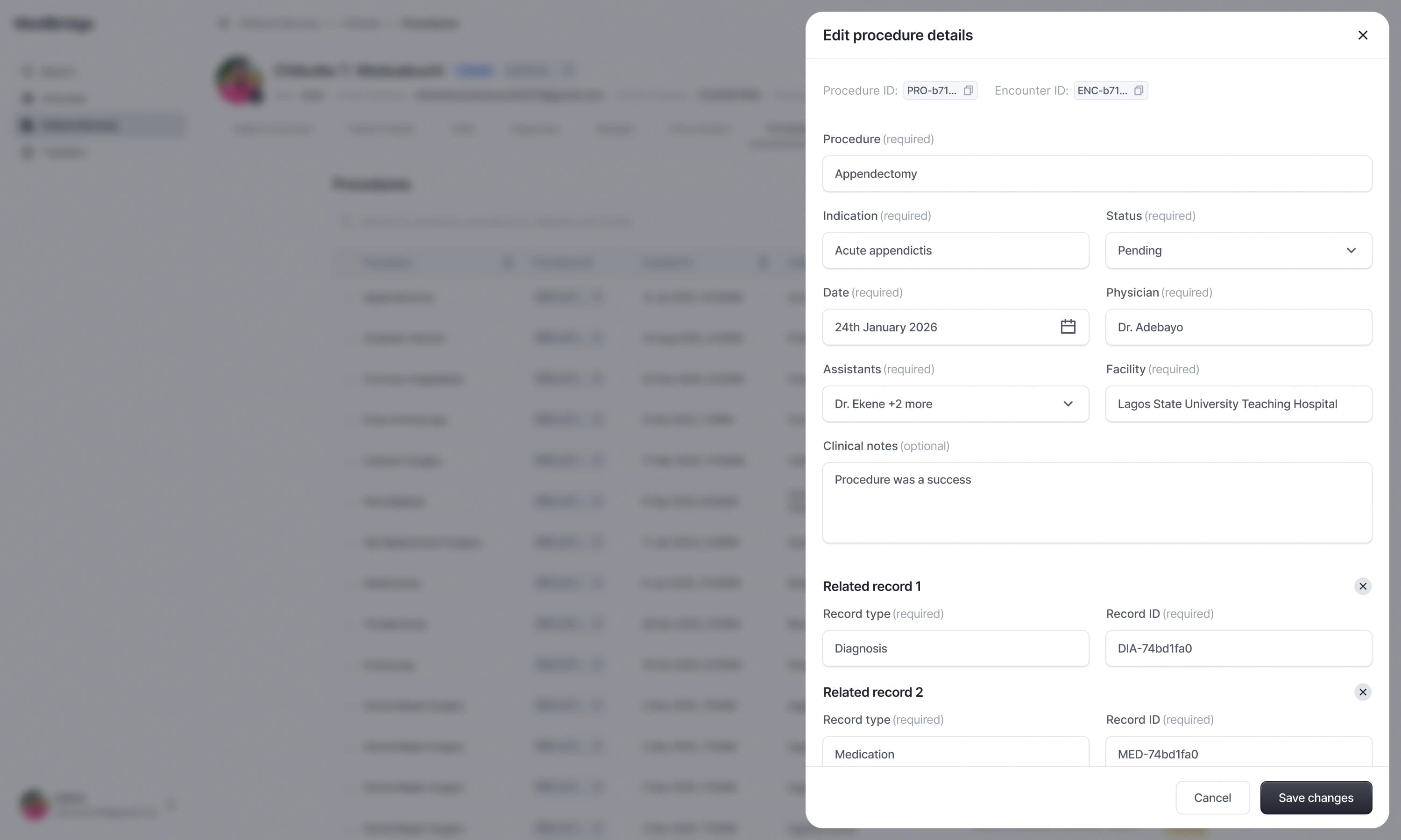 Edit procedure details panel for an appendectomy, linked to a related diagnosis and medication