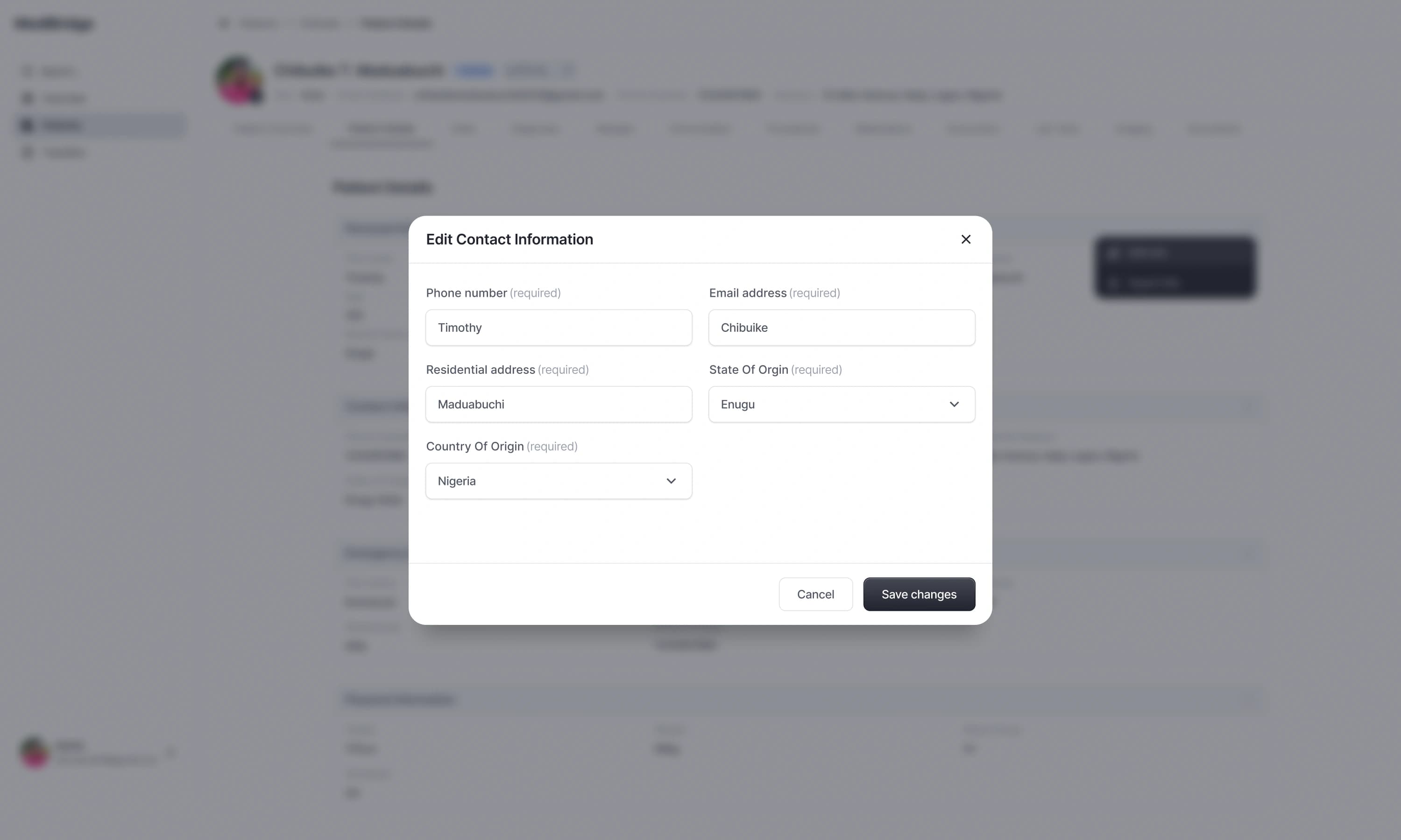 Edit Contact Information dialog with required phone, email, address, state, and country fields