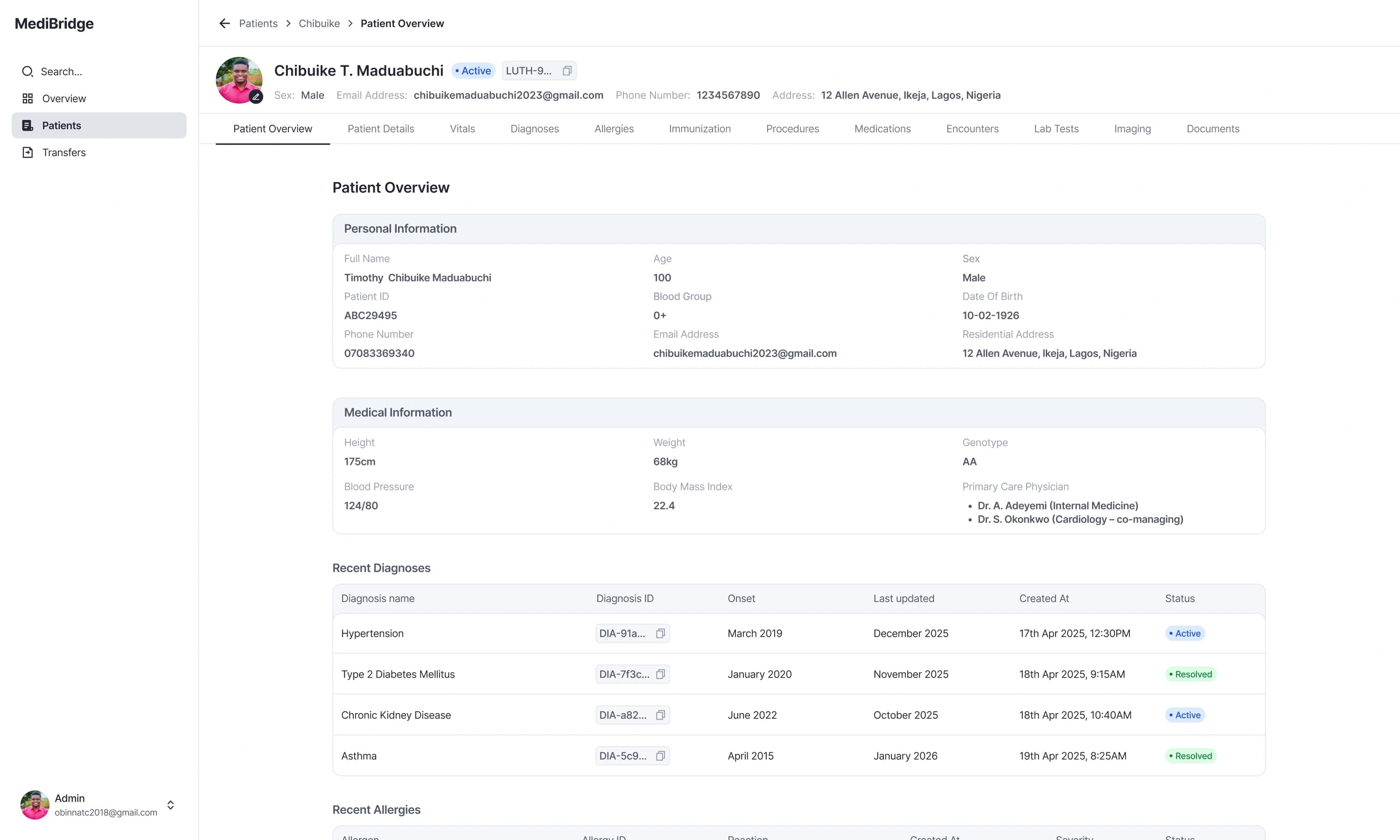 Patient overview with personal and medical information and a table of recent diagnoses
