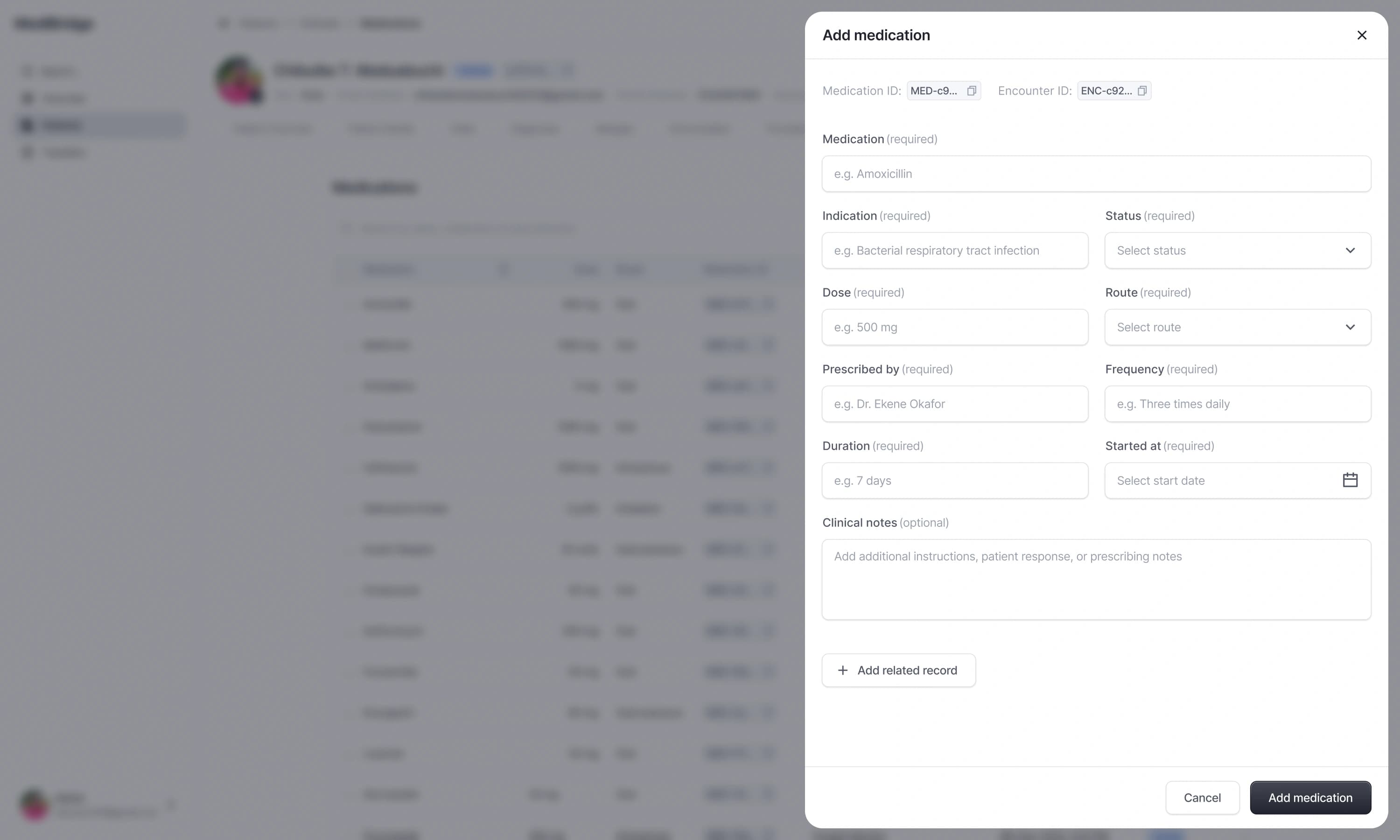 Add medication form with required fields for medication, indication, dose, route, and frequency