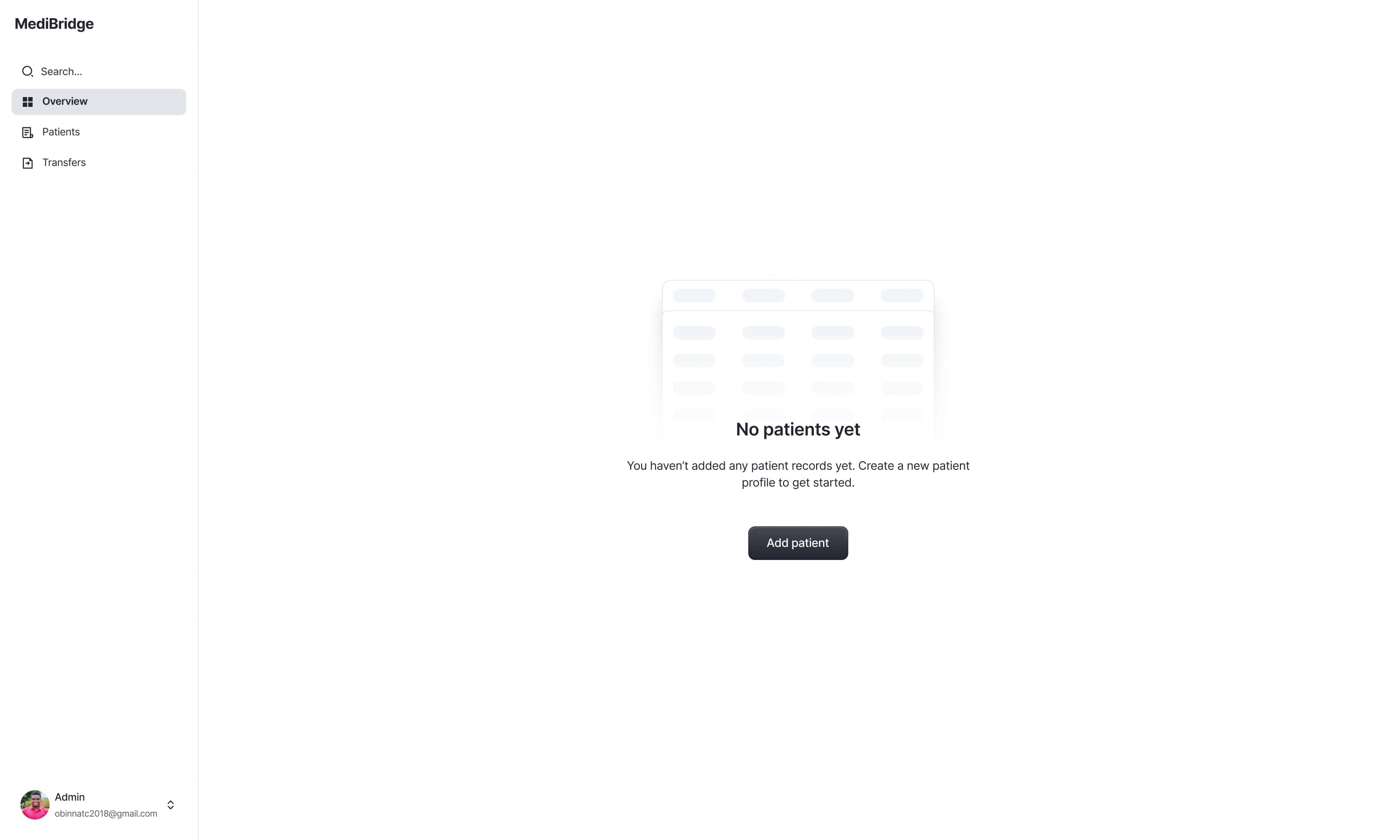 Overview page empty state with no patients yet and an Add patient button