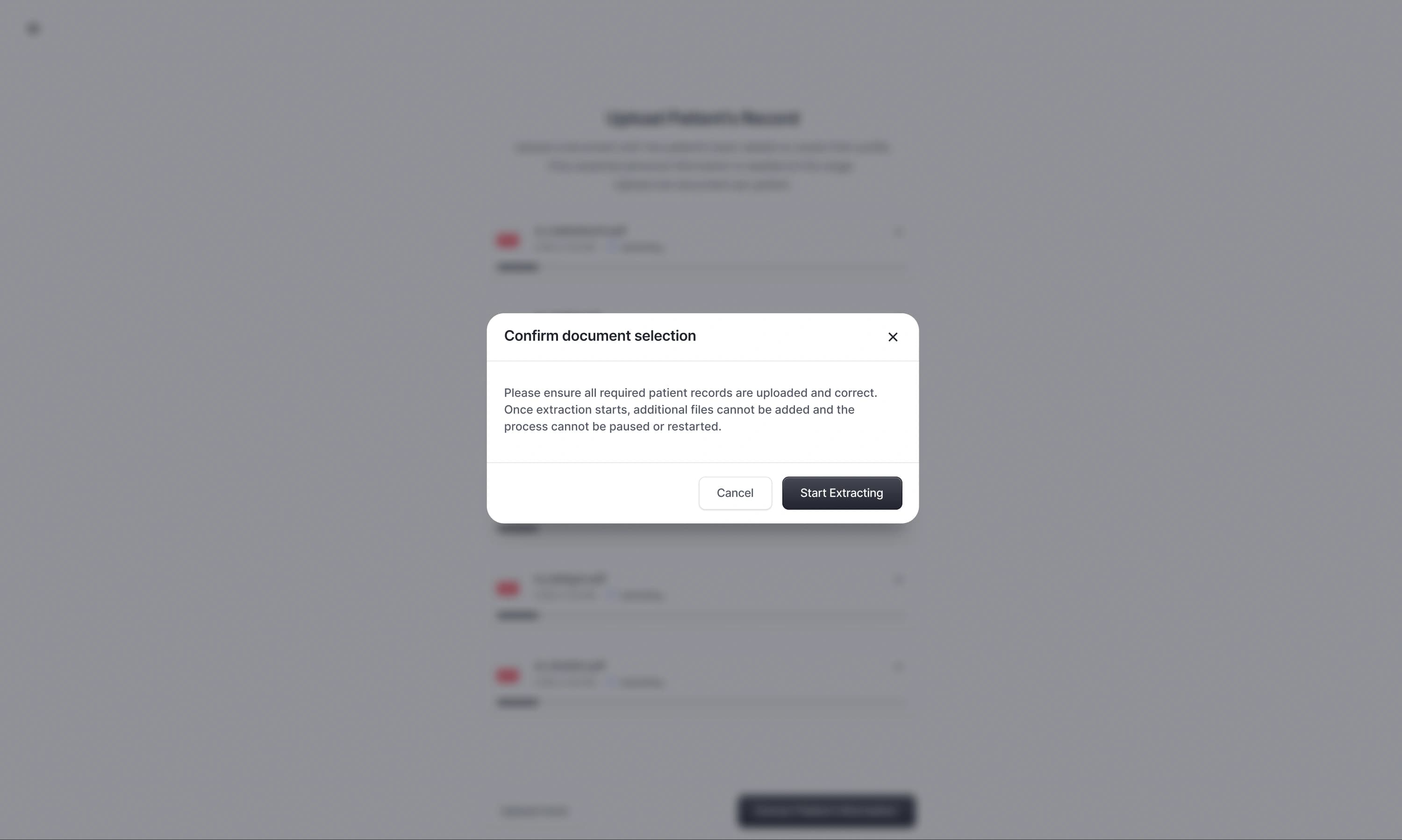 Confirm document selection dialog warning that files cannot be added once extraction starts