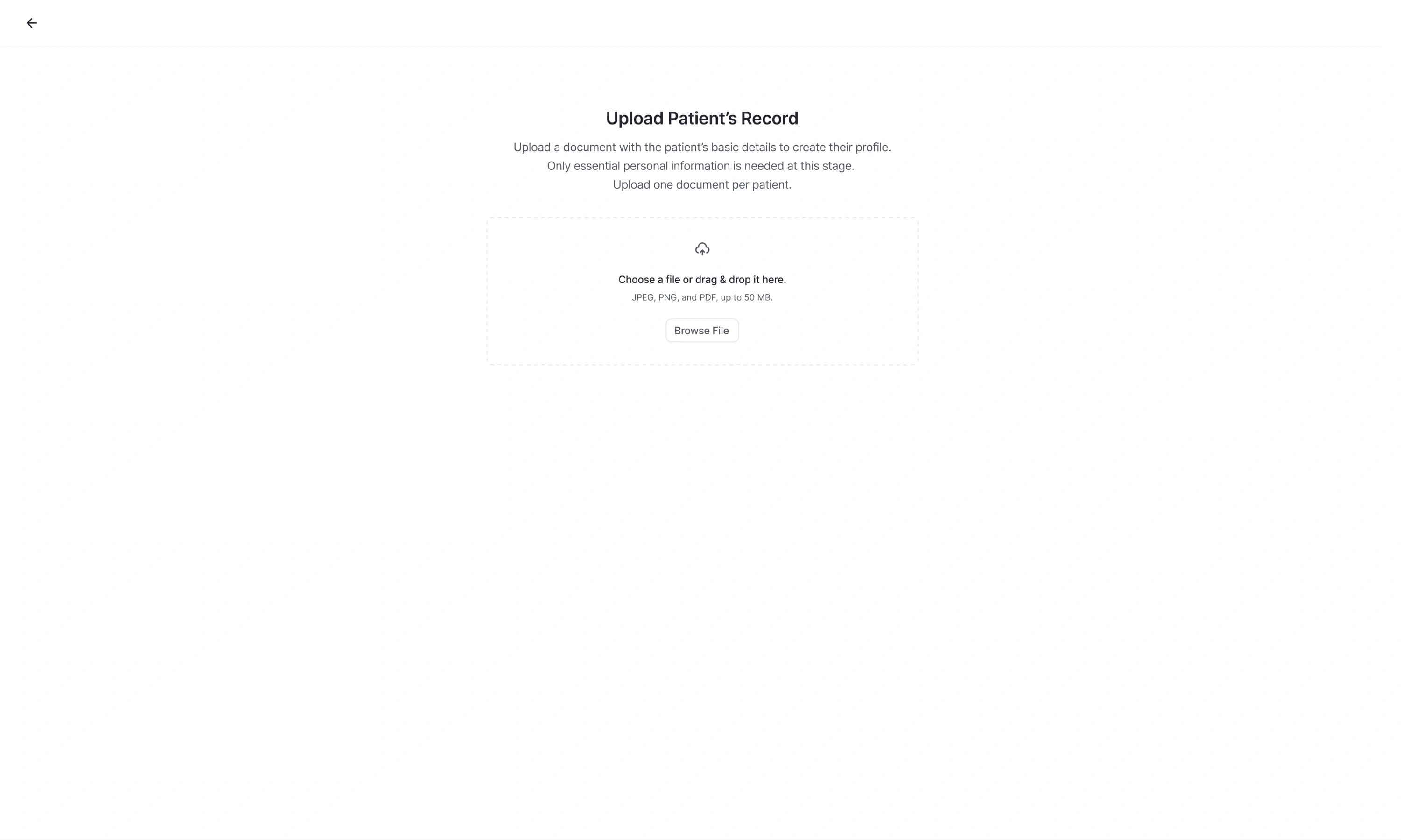 Upload Patient’s Record screen with a drop zone for JPEG, PNG, and PDF files
