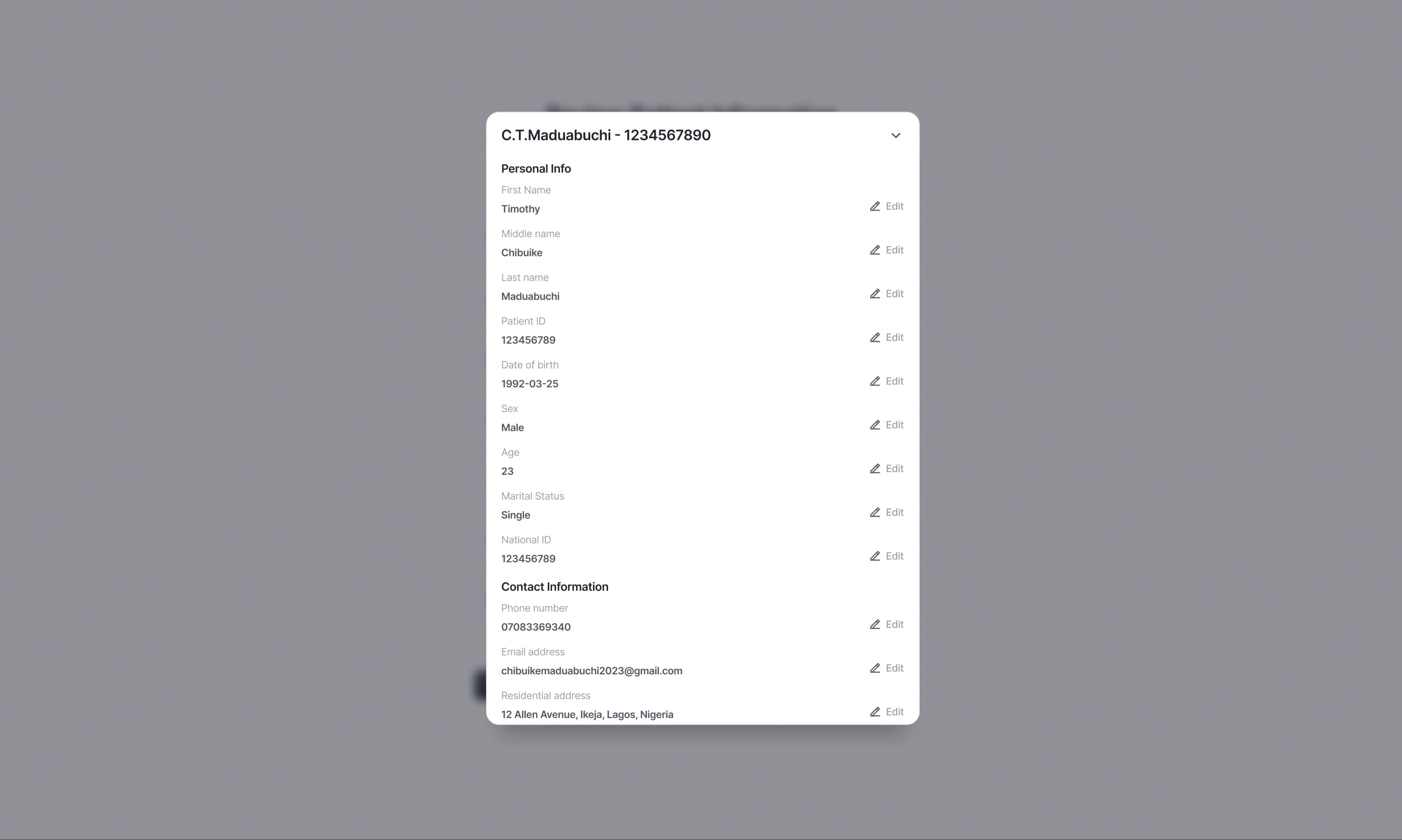 Expanded patient review card with editable extracted personal and contact fields