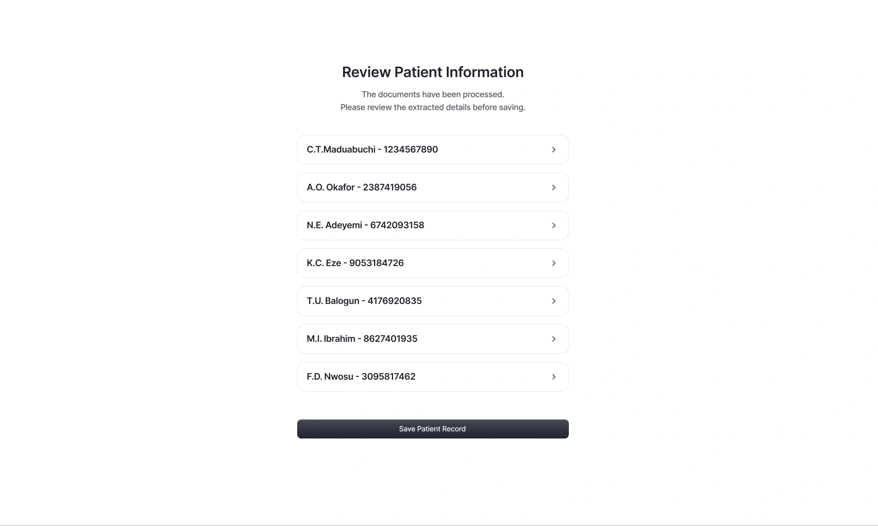 Review Patient Information list of seven extracted patients above a Save Patient Record button