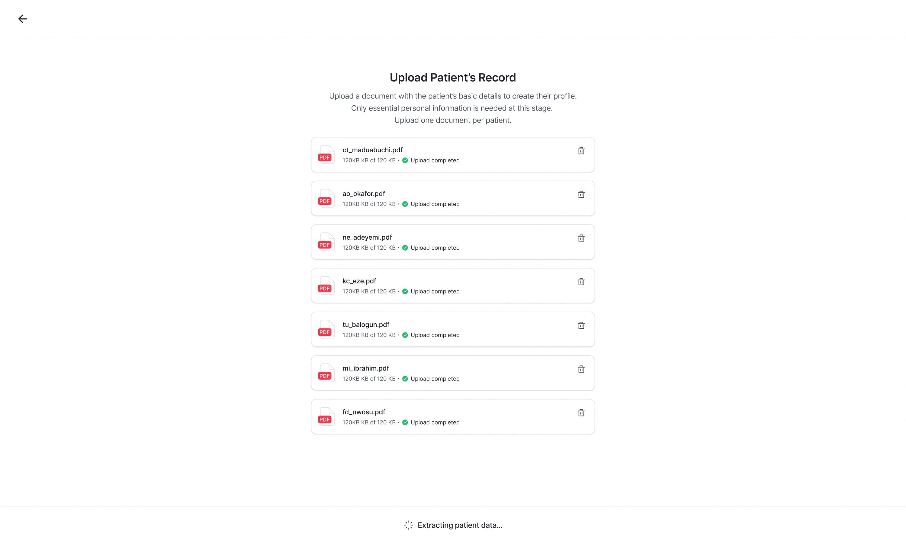 Seven patient PDFs uploaded while patient data is being extracted