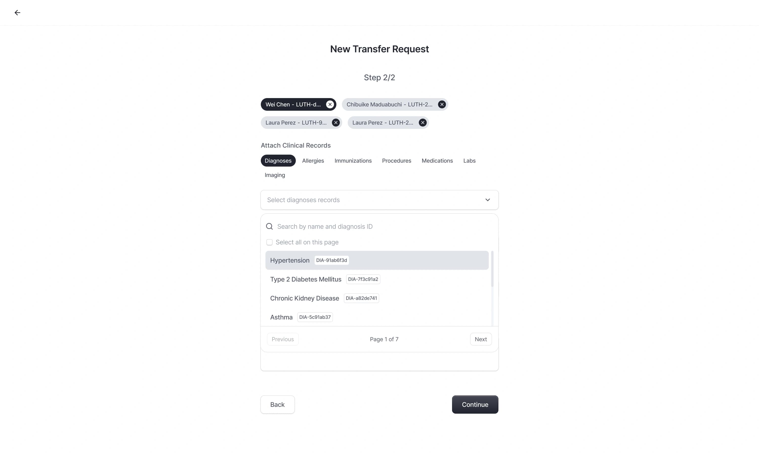 Diagnosis picker for choosing which records to attach to the transfer