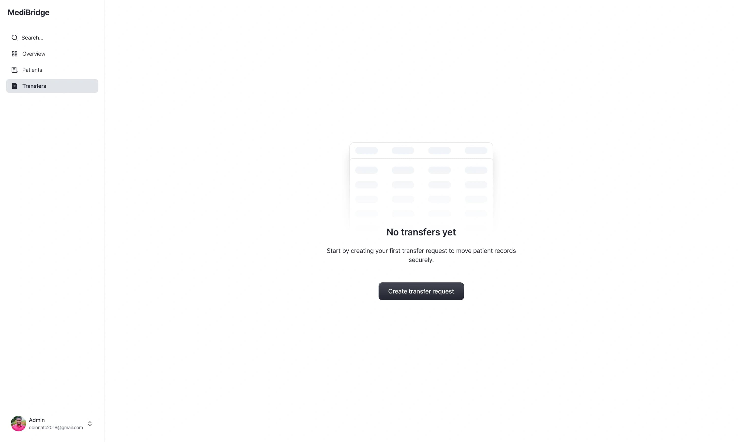 Transfers page empty state with no transfers yet and a Create transfer request button