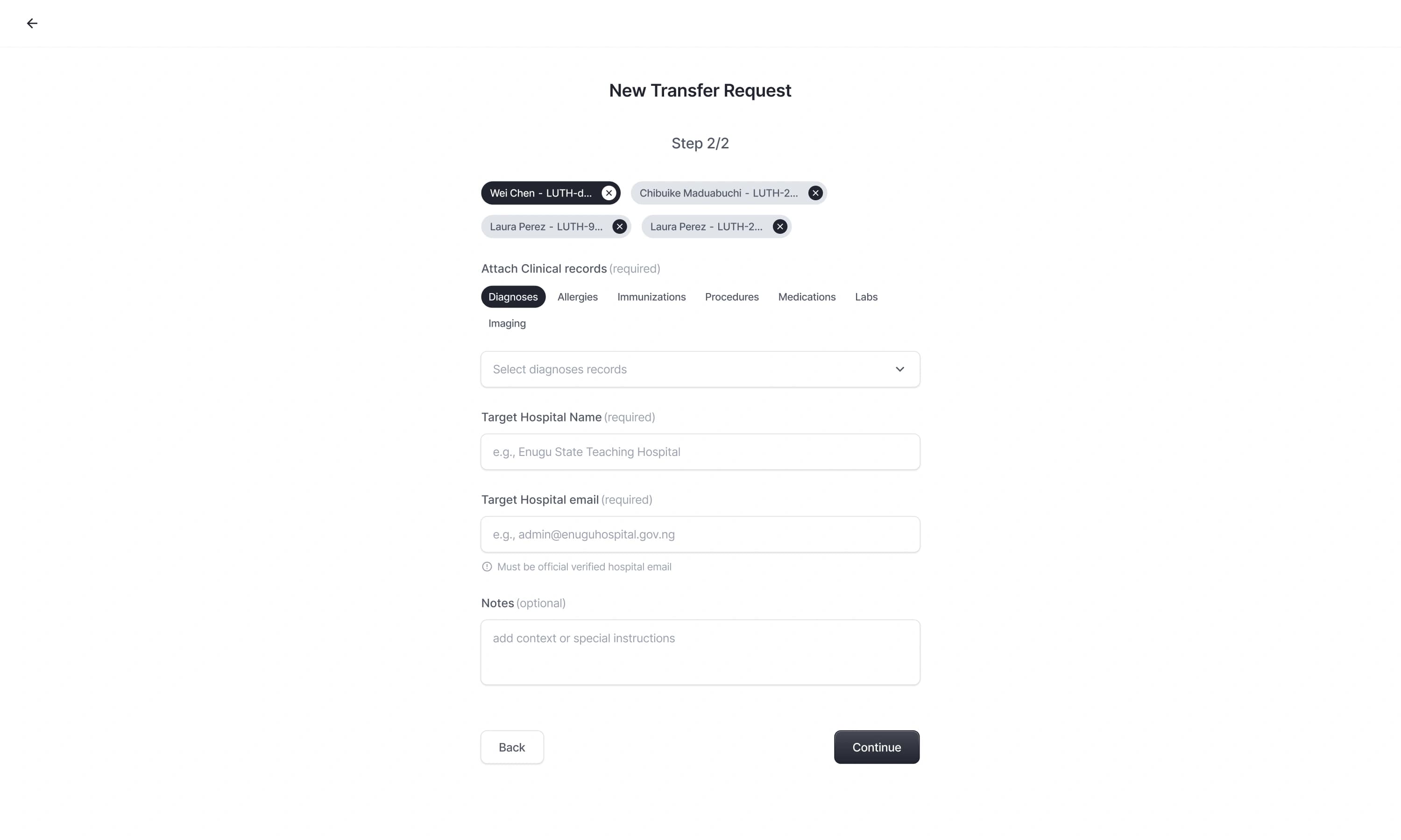 Step 2 of 2 for attaching clinical records by type and entering the target hospital’s name and email