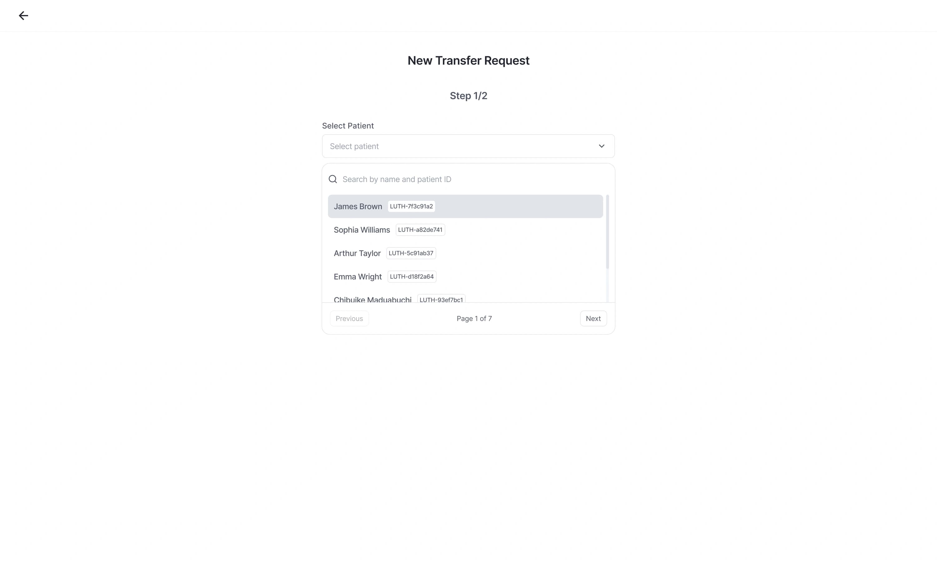 New transfer request, step 1 of 2, with a searchable patient picker