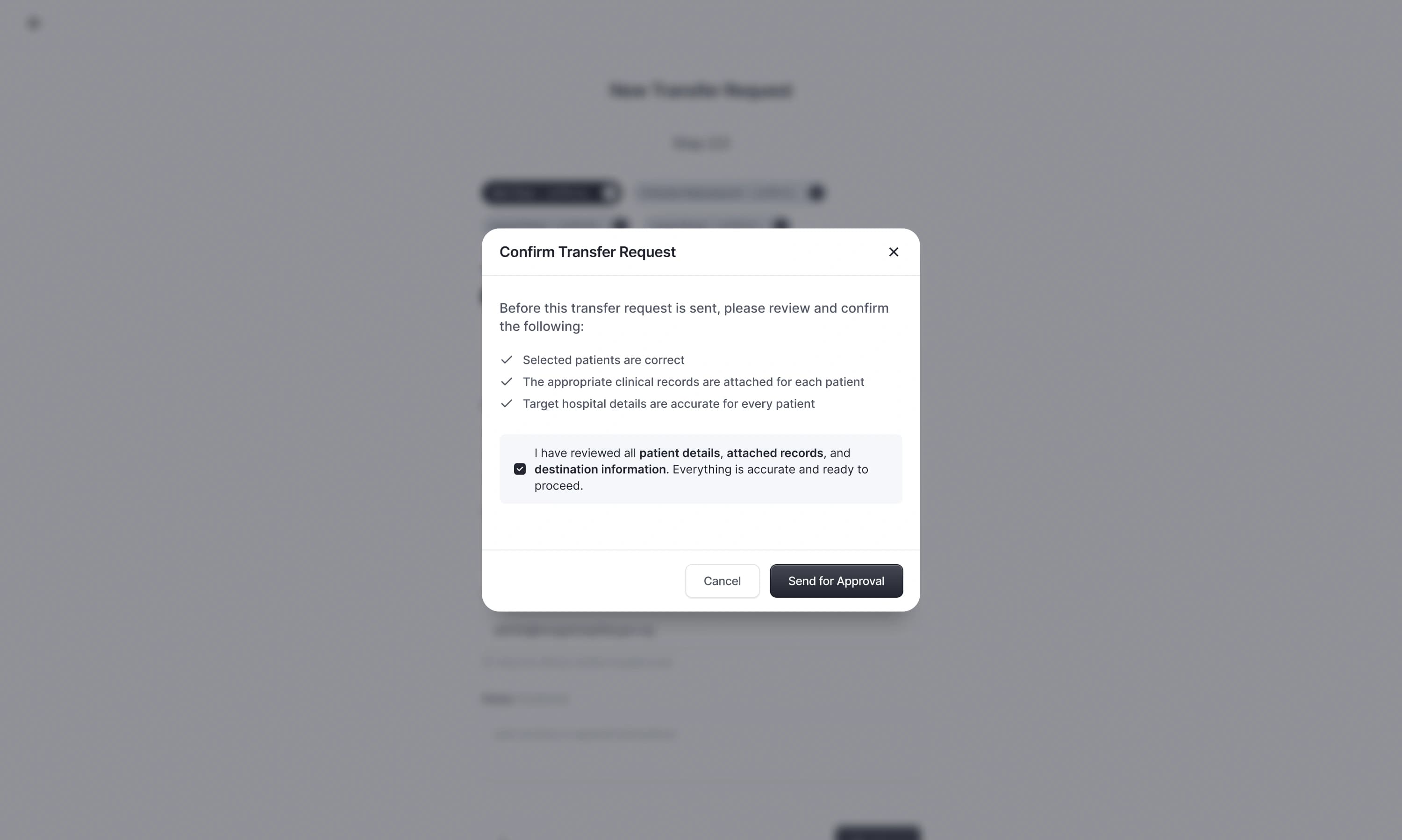 Confirm Transfer Request dialog with a review checklist before sending for patient approval