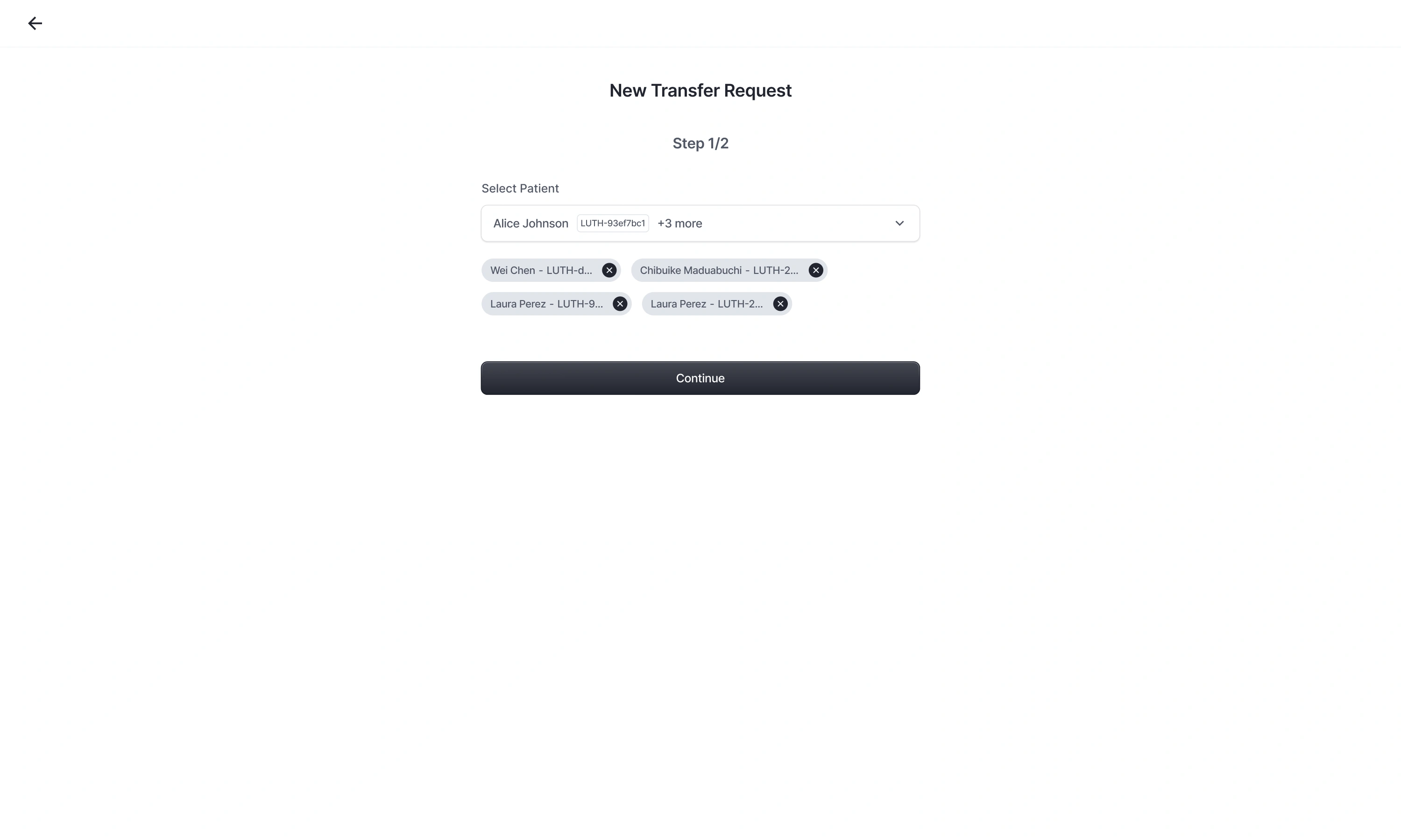 Step 1 of 2 with four patients selected for transfer