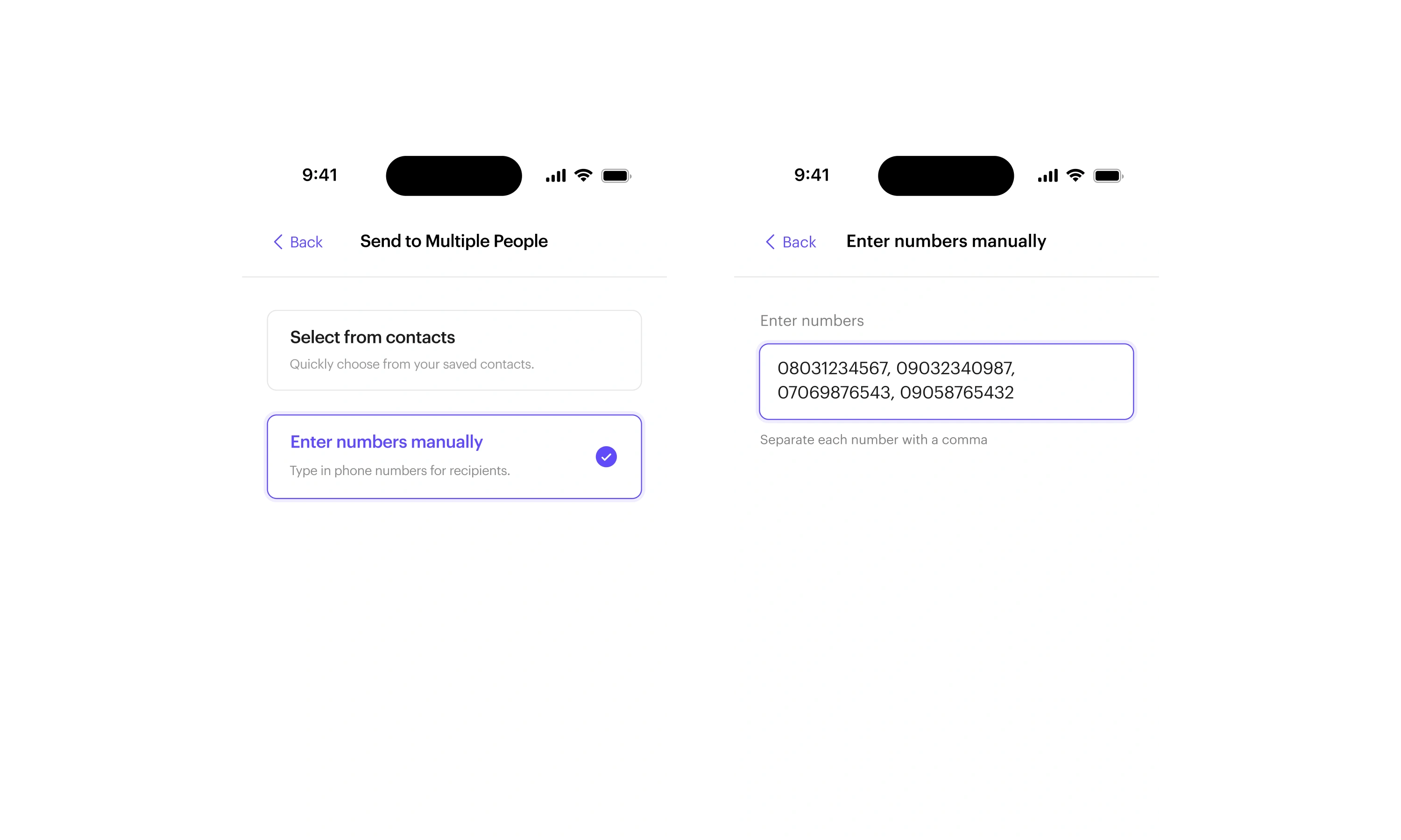 Screen for entering multiple recipient phone numbers for an airtime purchase.