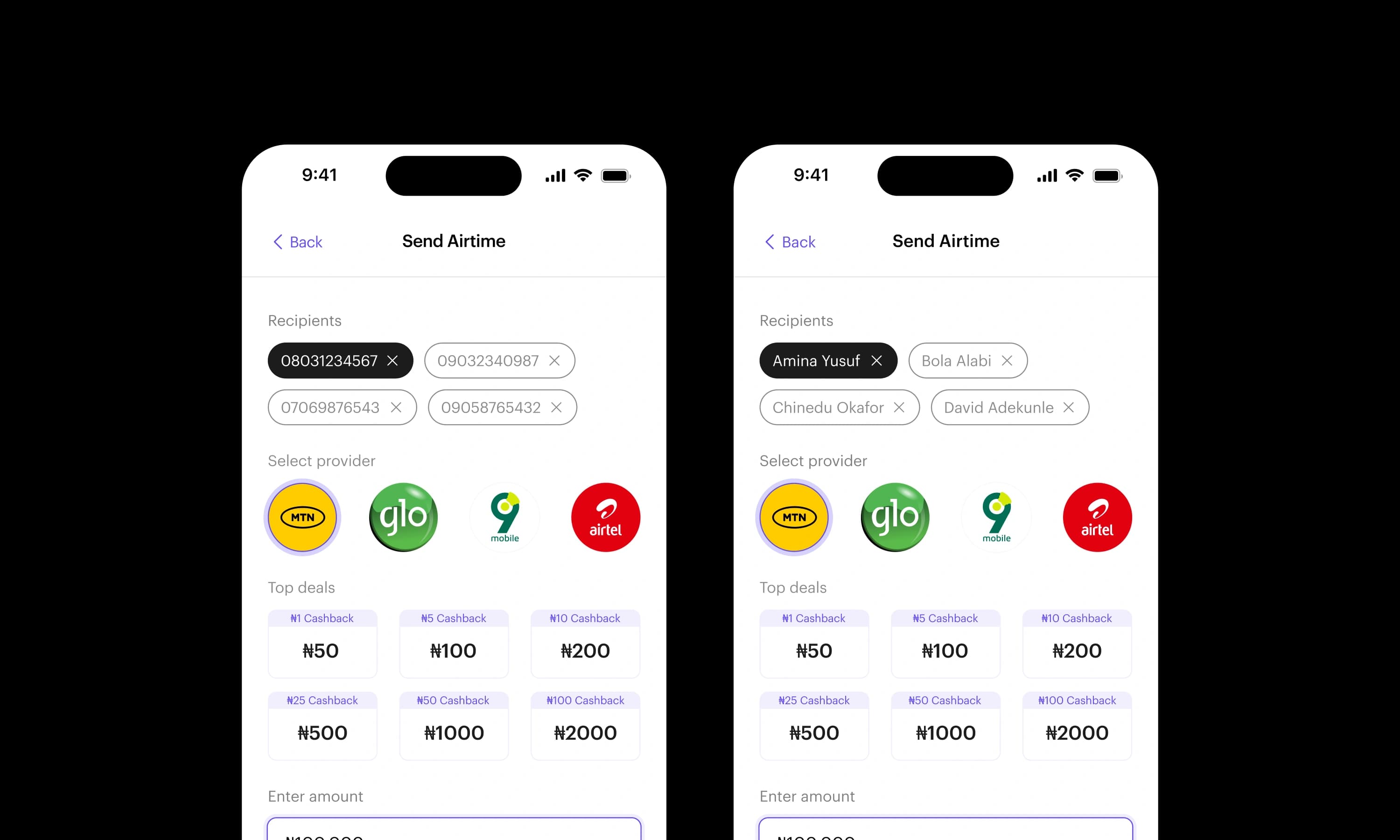 Screen showing selected recipients and transfer details before purchase.